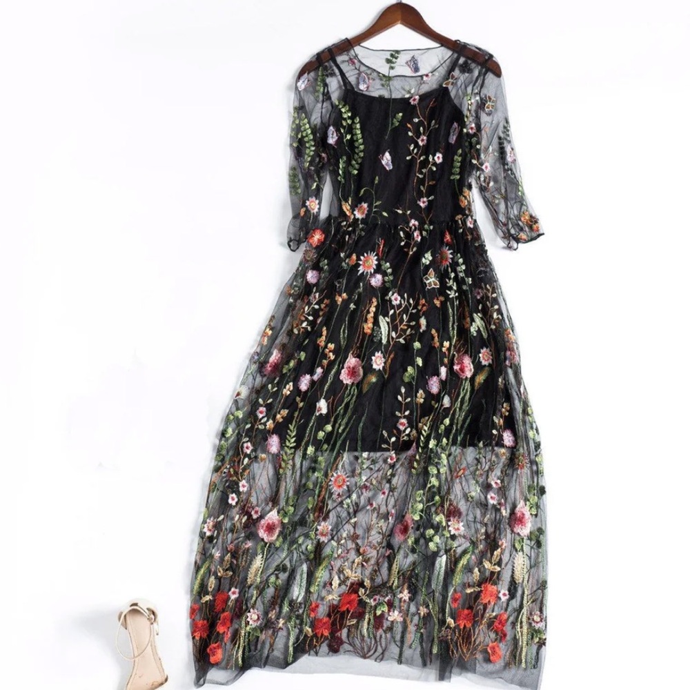 Embroidery Black Floral Tulle Dress